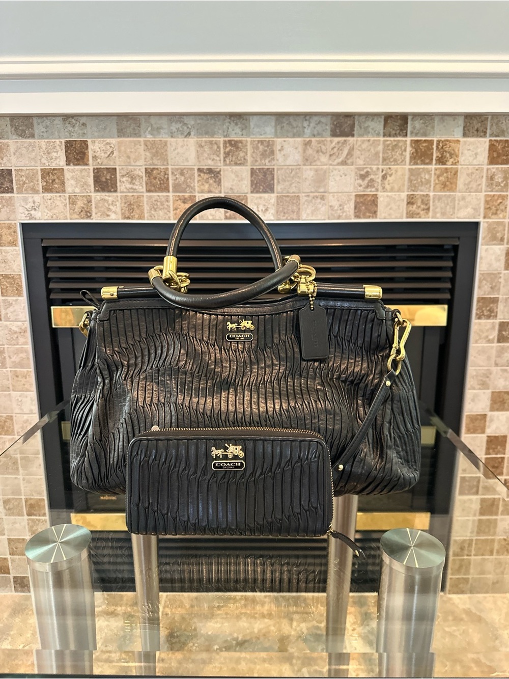 Coach Black Quilted Leather Satchel with Matching Zip Wallet